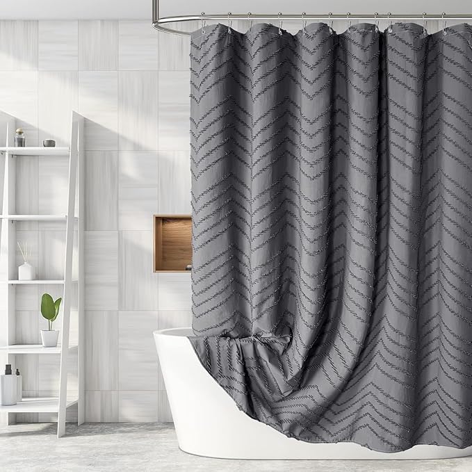Extra Long Grey Boho Shower Curtain 96 Inch Grey Tufted Chevron Striped Fabric Shower Curtains for Bathroom Modern Shabby Chic Waterproof Cloth Shower Curtain Set with Hooks