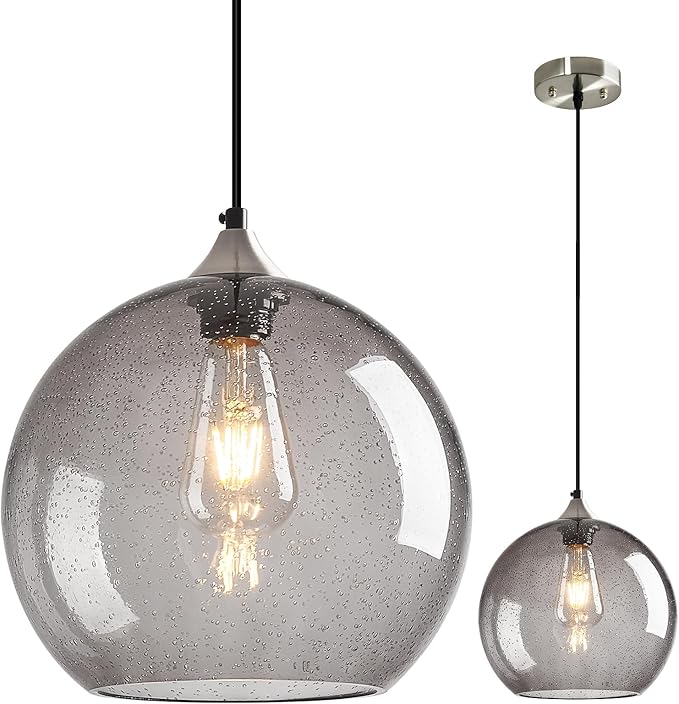 Light Grey Glass Pendant Lights Kitchen Island Globe Pendant Light Fixtures Modern Pendant Lighting for Bedroom Living Dining Room Light Fixture (9.84 in, 1 Pack)