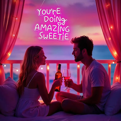 You're Doing Amazing Sweetie Neon Sign,Pink Led Neon Signs for Wall Decor,Dimmable Inspirational Letter Neon Lights USB Amazing Light Up Signs for Bedroom Classroom Party,Gift for Boys Girls