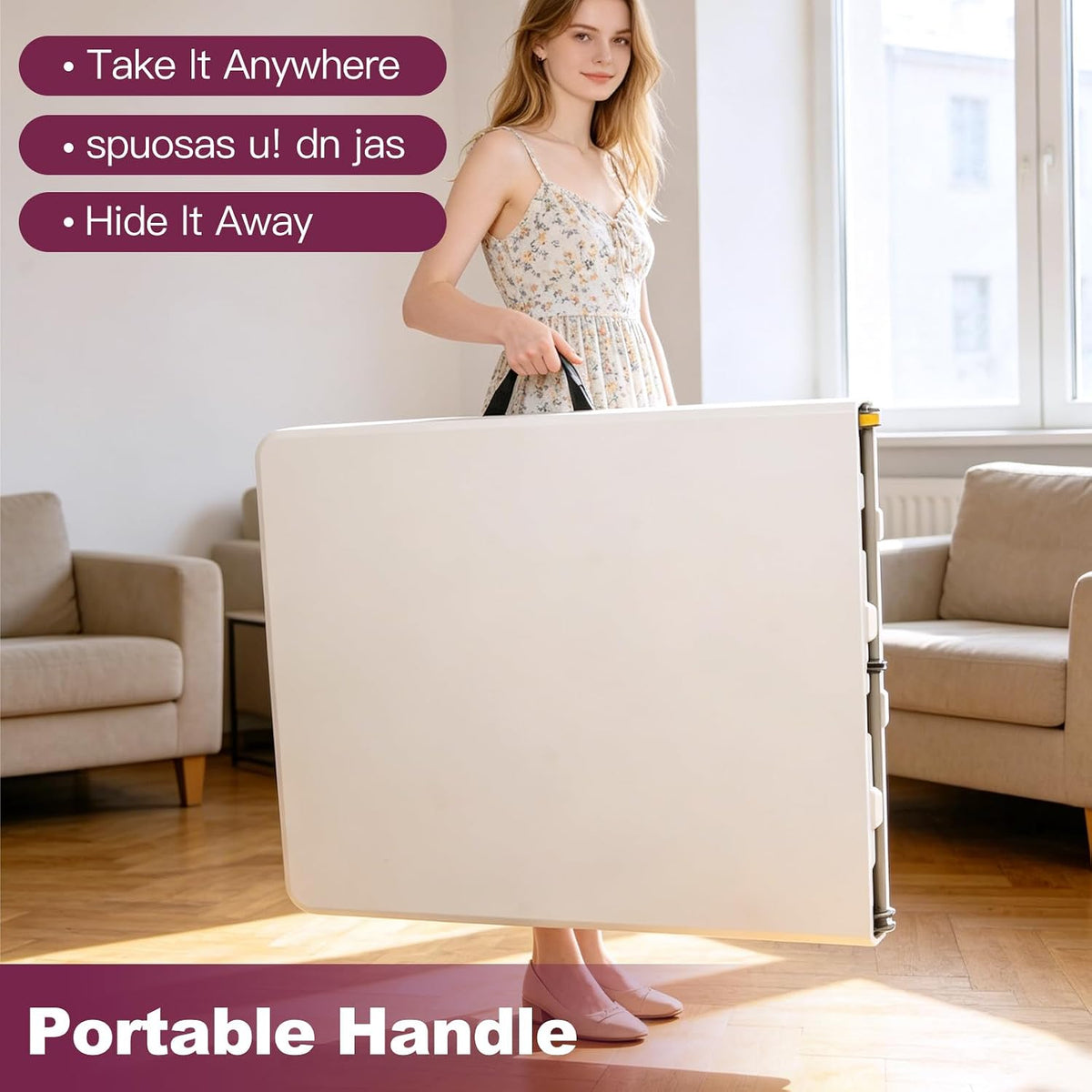 6FT Folding Table, Portable Fold-in-Half Plastic Utility Table with Carrying Handle, Heavy Duty Indoor Outdoor Dining Picnic Camping Party Table, Waterproof & Scratch Resistant, White