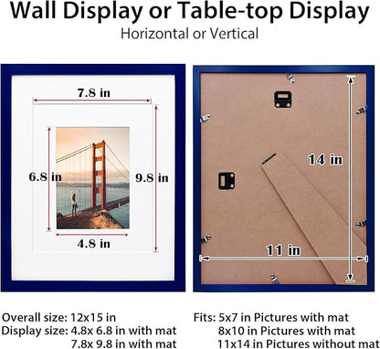 KINLINK 11x14 Picture Frame Navy, Solid Wood Frames with Acrylic Plexiglass for Pictures 5x7/8x10 with Mat or 11x14 without Mat, Tabletop and Wall Mounting Display, Set of 4