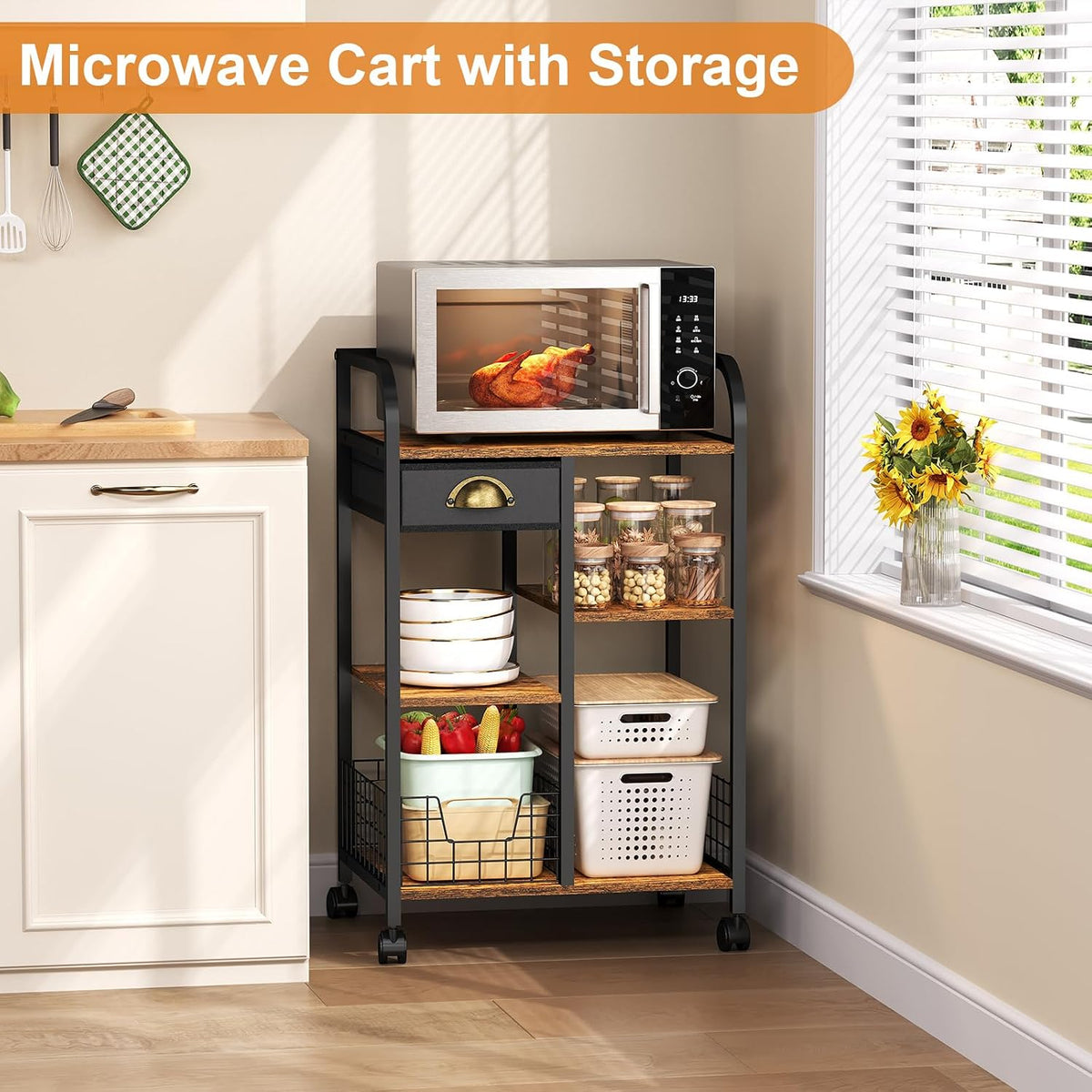 keomaisyto Microwave Cart with Storage, Kitchen Island Cart with Table Top & Drawer, 3 Tier Rolling Utility Cart with Adjustable 2 Storage Shelves, Coffee Bar Shelf for Kitchen/Dining/Living Room