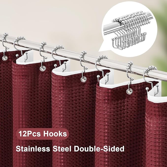 3 in 1 Stall Half Size Burgundy Shower Curtain Set-36 W x 72 H, Modern Waffle Waterproof Fabric and PEVA Liner Set with Stainless Steel Hooks