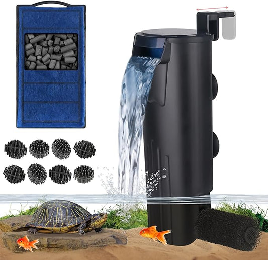 Turtle Tank Filter Aquarium Internal Filter for 3 to 20 Gallon Fish Tank, Bio-filtration Low Water Level Small Power Canister Filter, Frog Shrimp Newt Betta Water Clean, Hang On Back Waterfall Quiet