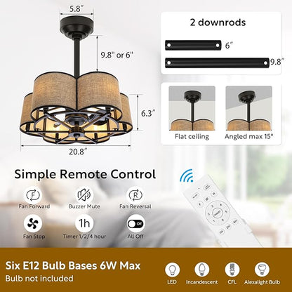 Ceiling Fans with 6-Bulb Lights and Remote, Flower Shaped Ceiling Light with 6 Adjustable Speed and for Bedroom, Kitchen and Living Room, Fabric Shade
