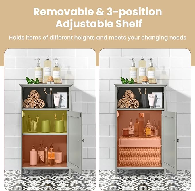 Tangkula Bathroom Storage Cabinet, Freestanding Wooden Single Door Side Floor Organizer with Adjustable Shelf, Small Bathroom Cabinet for Small Spaces, Living Room (Grey)