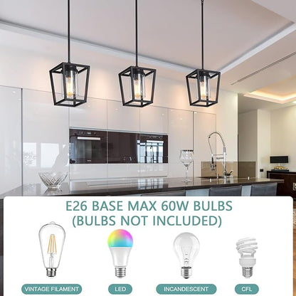 SGLfarmty 1-Light Black Pendant Lights Kitchen Island, Farmhouse Cage Metal Hanging Light Fixtures with Glass Shade，Adjustable Lantern Pendant Lighting for Dining Room, Entryway, Hallway