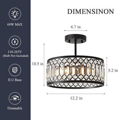 Crystal Black Ceiling Light, Modern Semi Flush Mount Ceiling Lighting Fixture, Round Hallway Lighting Fixtures Chandelier for Kitchen Entryway Bedroom Dining Room, 3-Light, 12.2 Inch