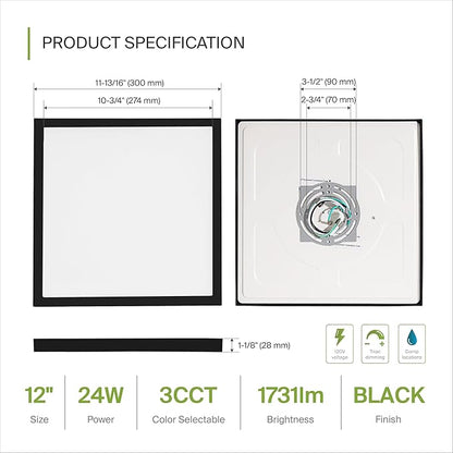 ASD LED 12" Square Flush Mount Ceiling Light Fixture, Low Profile Surface Lighting | 5CCT, Dimmable, Ultra-Thin, ETL Listed | 24W 1700LM 2700-6000K 120V | Kitchen, Hallway Lamp | Black, 4 Pack
