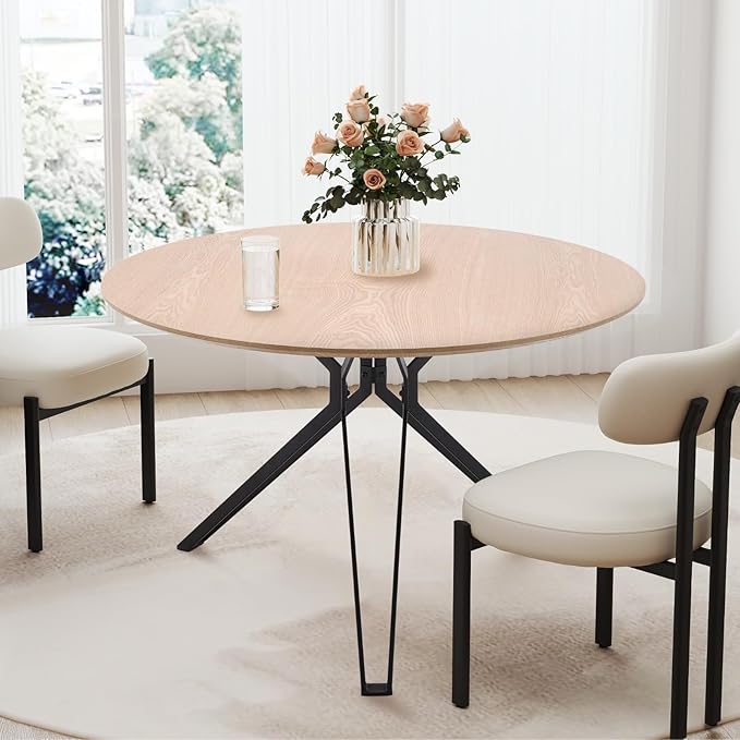 DUOMAY 47'' Round Dining Table for 4-6 Person, Mid-Century Modern Solid Wood Dining Room Table, Dinner Table with Intersecting Pedestal Metal Base for Kitchen, Office, Living Room, Natural