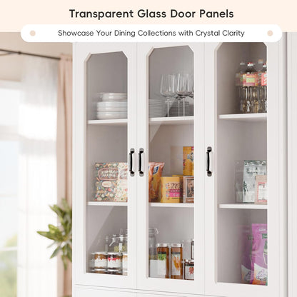 MU 78.7" Tall Kitchen Pantry with 3 Glass Doors, Freestanding China Cabinet with Adjustable Shelves, Large Kitchen Pantry Storage Cabinet Cupboard for Dining Room, Living Room, White (X-Large, 46" W)