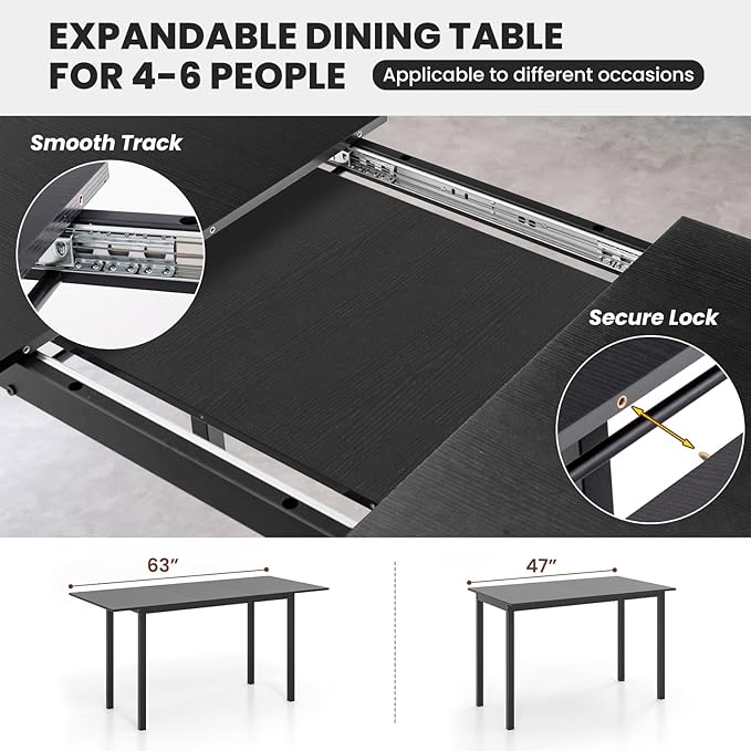 Giantex Dining Room Table Set for 4-6, 63” Extendable 3-Piece Dining Table Set with 2 Benches, Metal Frame, Dinette Table Set for Breakfast Nook, Kitchen Table Chairs (Black)