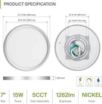 ASD LED 7" Round Flush Mount Ceiling Light Fixture, Low Profile Surface Lighting | 5CCT, Dimmable, Ultra-Thin, ETL Listed | 15W 1260LM 2700-6000K 120V | Kitchen, Bedroom, Hallway Lamp | Nickel, 6 Pack