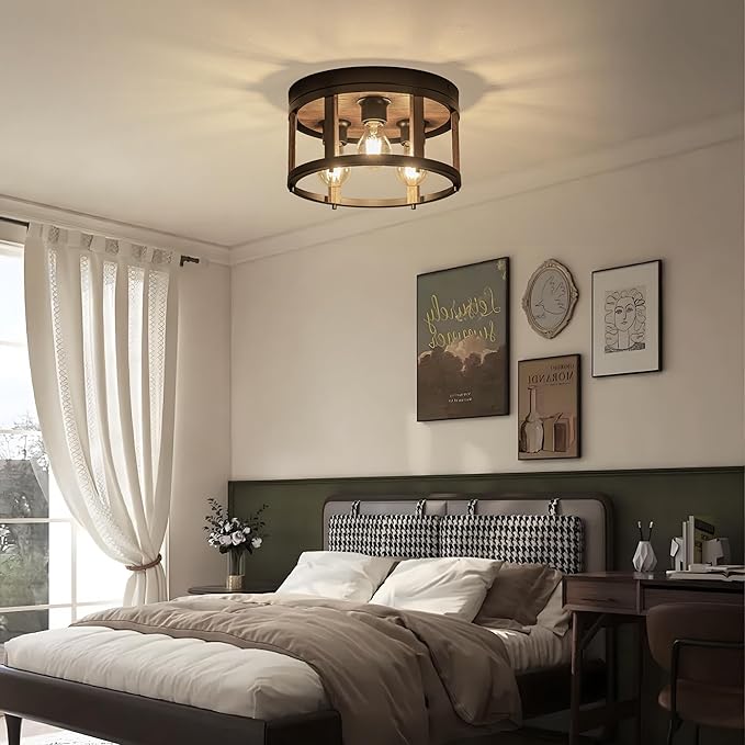 MAYNA 3-Light Retro Farmhouse Flush Mount Round Vintage Metal and Wood Ceiling Light Fixtures, Rustic Ceiling Lamp for Kitchen, Hallway, Entryway, Bedroom, Dining Room