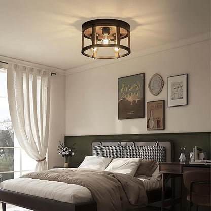 MAYNA 3-Light Retro Farmhouse Flush Mount Round Vintage Metal and Wood Ceiling Light Fixtures, Rustic Ceiling Lamp for Kitchen, Hallway, Entryway, Bedroom, Dining Room