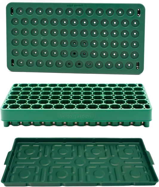 Vego garden Seedling Suite Products 10" x 20" 76 Cells Stackable Seed Starter Germination Tray with 3-in-1 Plant & Pop Board and 10" x 20" Bottom Watering Tray