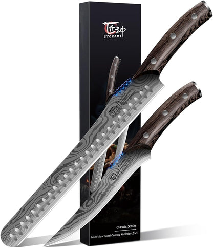 Brisket Slicing Knife Set, Carving and Boning Knife for Meat & Turkey Cutting, Japanese Style High Carbon Steel Kitchen Knives Set For Home & BBQ, Wood Ergonomic Full Tang Handle, Cooking Gift