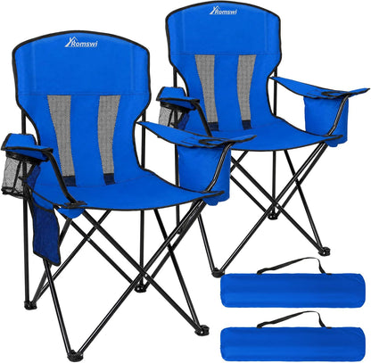 Camping Chairs for Adults 2 Pack, Folding Chair with 4-Can Cooler Bag & Cup Holder, Portable Heavy Duty Outdoor Chair with Mesh Back for Camping, Beach, Lawn, Fishing, Blue