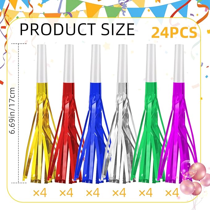24 Pack Metallic Fringe Party Blowers - Kids Party Noise Makers,Party Blowers for Kids,Horns & Whistles for Graduations,Weddings,Birthdays,Family Gatherings and Sporting Events
