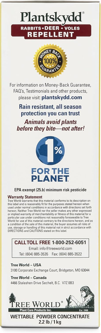 Plantskydd Animal Repellent - Repels Deer, Rabbits, Elk, Moose, Hares, Voles, Squirrels, Chipmunks and Other Herbivores; Wettable Powder Concentrate - 2.2 LB Box - Makes 2.5 Gallon Liquid (PSP-R2)