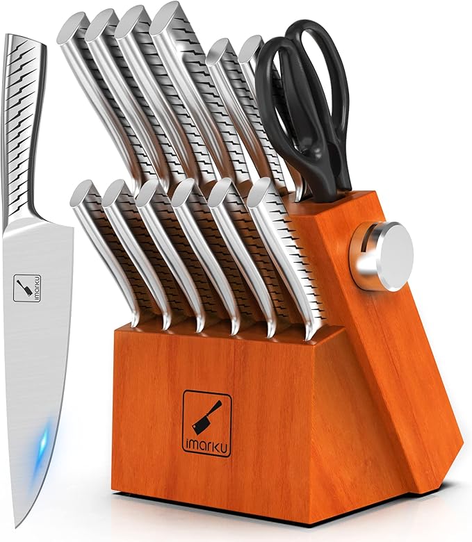 imarku Knife Set, 14PCS Knife Sets for kitchen with block, One-Piece Kitchen Knife Set with Built-in Sharpener, Stainless Steel Chef Knife Set with Lightning Stripes Handle, Dishwasher Safe(Wood)