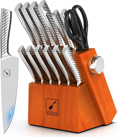 imarku Knife Set, 14PCS Knife Sets for kitchen with block, One-Piece Kitchen Knife Set with Built-in Sharpener, Stainless Steel Chef Knife Set with Lightning Stripes Handle, Dishwasher Safe(Wood)