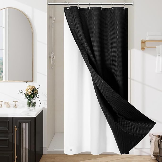 3 in 1 Stall Half Size Shower Curtain Set-36 W x 72 H, Black Waffle Waterproof Fabric and PEVA Liner Set with Stainless Steel Hooks