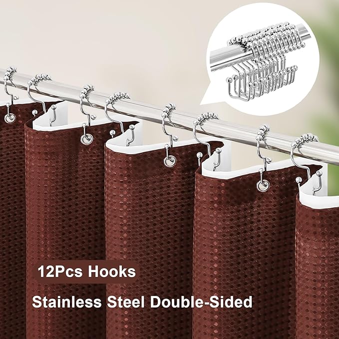 3 in 1 Shower Curtain Set, Brown Waffle Shower Curtain and PEVA Liner Set with 12 Stainless Steel Shower Curtain Hooks, Waterproof Fabric Shower Curtains for Bathroom, 72 W x 72 H