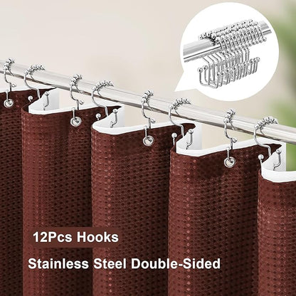 3 in 1 Shower Curtain Set, Brown Waffle Shower Curtain and PEVA Liner Set with 12 Stainless Steel Shower Curtain Hooks, Waterproof Fabric Shower Curtains for Bathroom, 72 W x 72 H