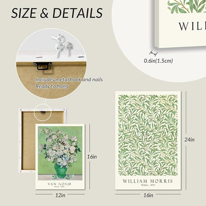 FASWQ Framed Monet Van Gogh William Morris Wall Art, Grass Botanical Wall Decor, Mid Century Impressionist Canvas Paintings, Modern Green Landscape Poster Print for Living Room Bedroom 12"x16"x3