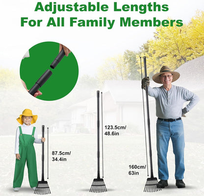 Rake for Leaves Small Metal Garden Tool with 11 Tines 63 Inch Adjustable Handle Sturdy Yard Rake for Gardening Gathering Leaves Weeds Debris, Black