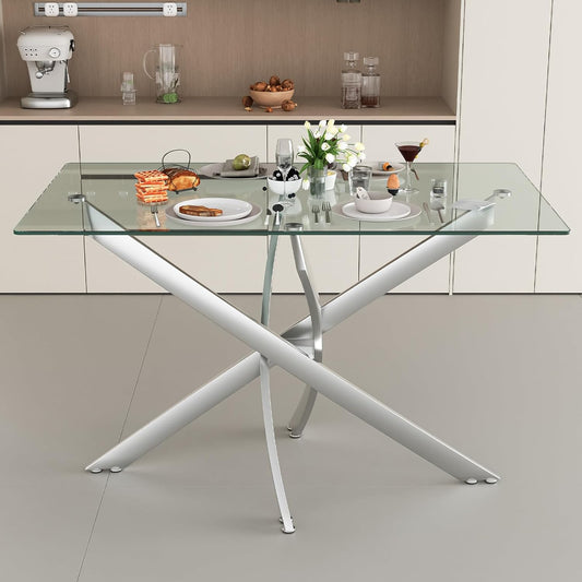 47.24 Inch Glass Dining Table, Rectangular Kitchen Glass Table for 4 People, Modern Dining Room Table for Dinner Kitchen Dining Room(Silver)