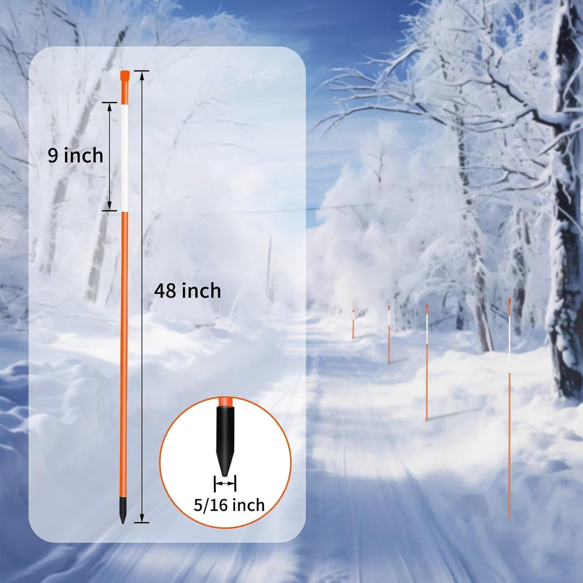 Growsun Driveway Marker 48 inch Orange Fiberglass 5/16 inch Dia Snow Fence Reflective Plow Stakes for Yard Walkways Parking Lots Safety Rods Edge, 100 Pack