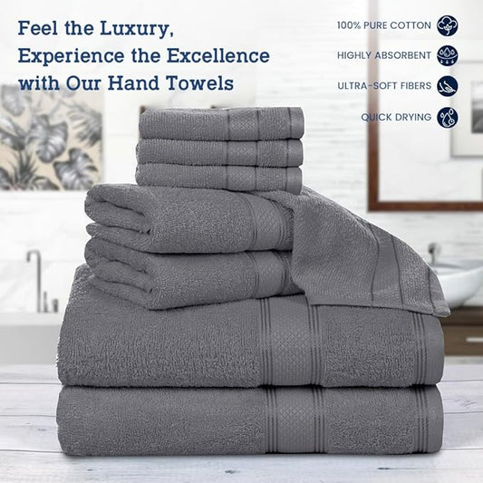 Casa Lino Bath Towel Set of 8 (2 Bath Towels, 4 Wash Cloths & 2 Hand Towels for Bathroom) - 100% Cotton - Highly Absorbent & Quick Dry - Guest Room Essentials for Bathroom Set - (Charcoal Black)