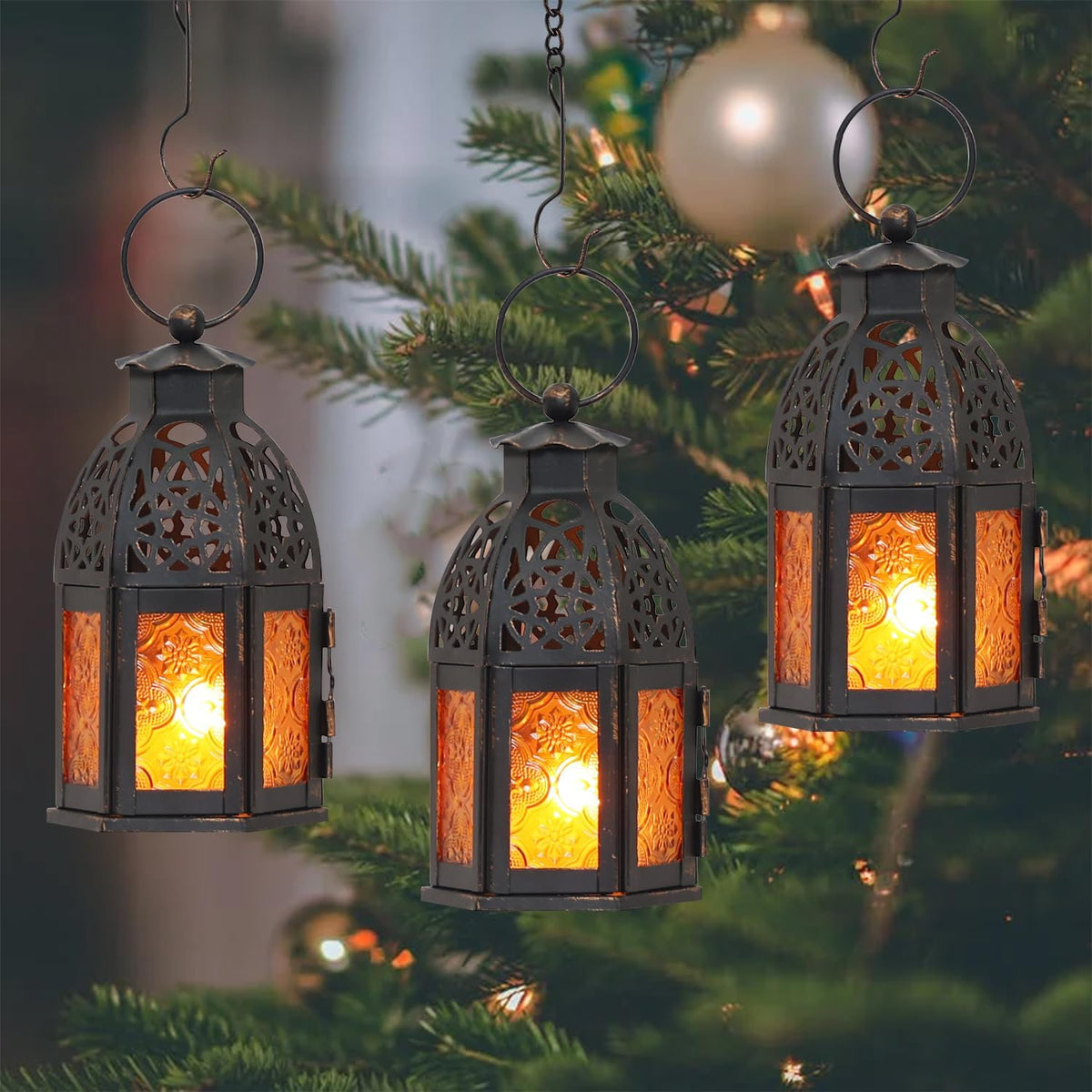 NEEDOMO Set of 4 Moroccan Candle Lantern, 9" Ramadan Lanterns Decorative Indoor Outdoor, Vintage Candle Holder for Chritsmas, Halloween, Table, Patio, Porch, Shelf, Ramadan Decorations (Amber)