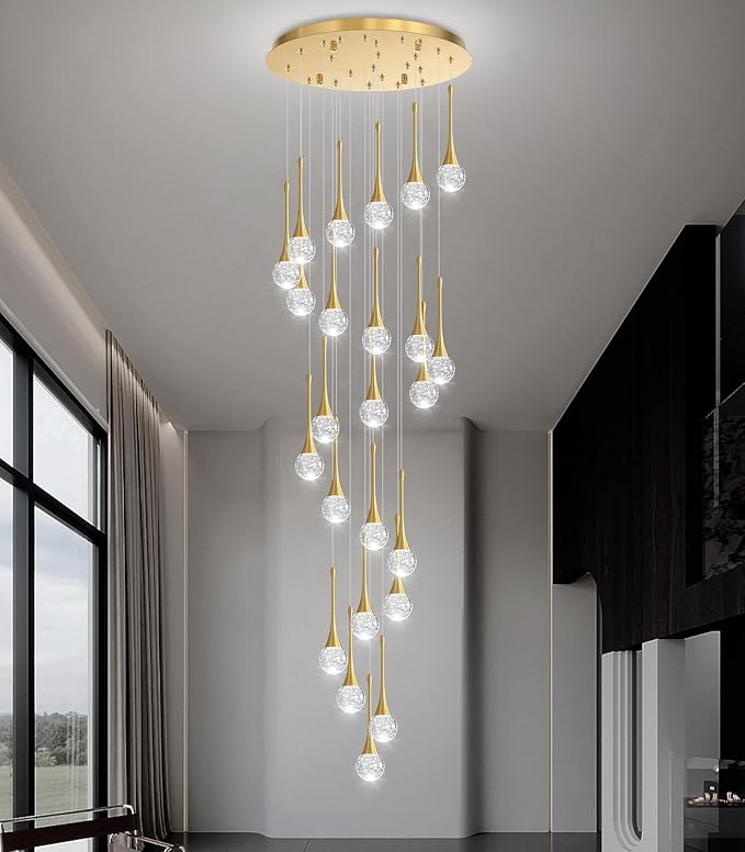 24 Light Modern Glam Crystal Chandelier for High Ceiling LED Dimmable Ceiling Pendant Light Staircase Foyer Enterway Living Room Chandelier Lighting Antique Gold