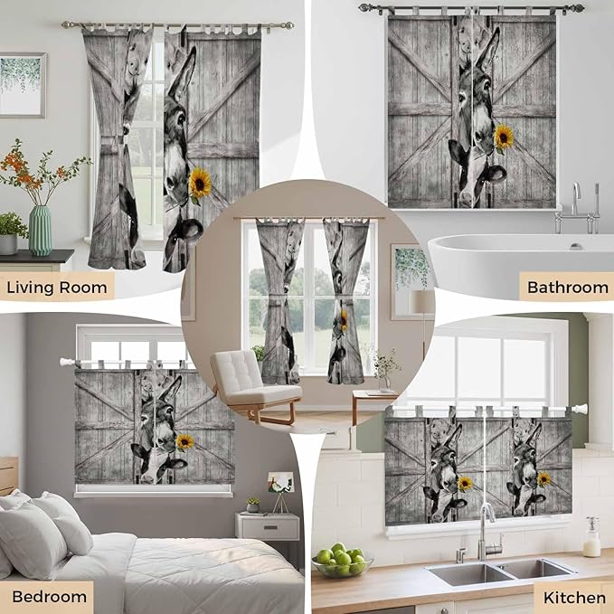 Funny Farm Animals Bedroom Curtains 63 Inch Length, Window Curtains Tab Top, Vintage Barn Grey Sunflowers Light Filtering Window Treatments Drapes 42"x63" 2 Panel