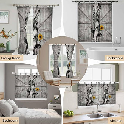 Funny Farm Animals Kitchen Curtains 36 Inch Length, Small Window Curtains Tab Top, Vintage Barn Grey Sunflowers Light Filtering Short Window Treatments Tier Drapes 27.5"x36" 2 Panel