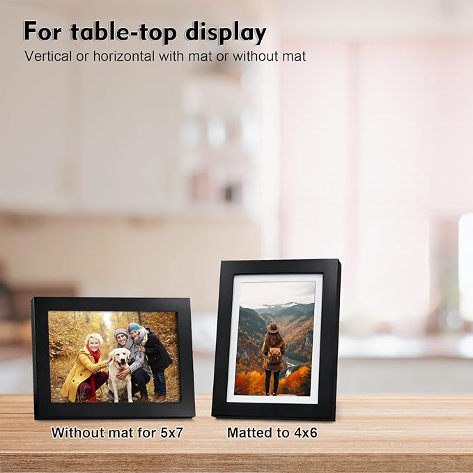 KINLINK 5x7 Picture Frame Black, Solid Wood Frames 5x7 with Acrylic Plexiglass for Pictures 4x6 With Mat,Tabletop and Wall Display, 5 x 7 Picture Frame Set of 4