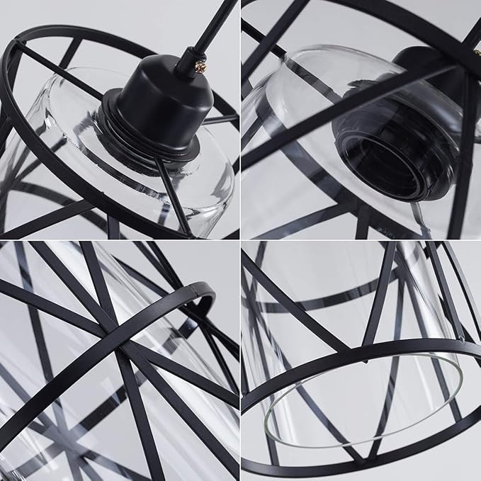 Black Industrial Metal Pendant Light with Clear Glass Shade, Transitional Cylinder Pendant Lighting Fixture for Kitchen Island Sink Counter Dining Room