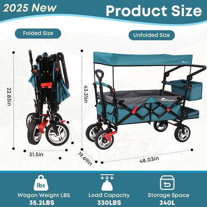Collapsible Wagon with Canopy,330lbs Cart, Collapsible Foldable Garden Cart- with Adjustable Push Pulling Handles Outdoor Utility Wagon for Beach Garden Camping, Blue