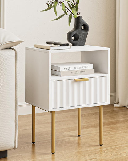 Night Stand,Modern Bedside Table with Drawer and Shelf,White Night Stand with Gold Frame,Small Side Table for Bedroom,Living Room