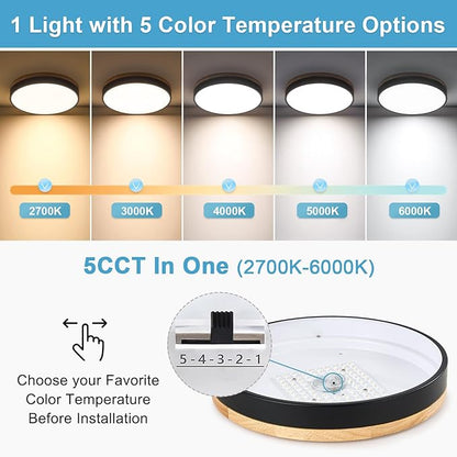Dimmable Wood LED Ceiling Light, 5CCT 2700K-6000K Modern Black Flush Mount Ceiling Light, Minimalist Round Close to Ceiling Light Fixture for Living Room, Bedroom, Kitchen, 15.74in