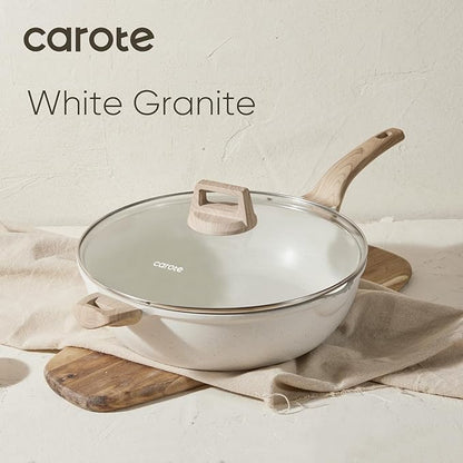 CAROTE 12.5Inch Nonstick Deep Frying Pan with Lid, 6.5 Qt Jumbo Cooker Saute Pan with Pour Spout, Skillet Induction Cookware, Non Stick Cooking Pan Kitchen Pan PFOA Free, White Granite