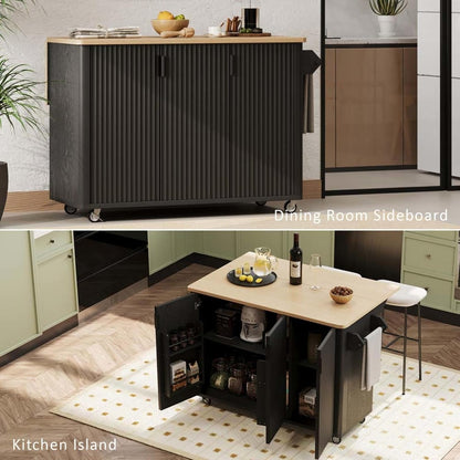 Narrow Kitchen Island with Drop Leaf Countertop with Storage and Dining Table, Island Kitchen with Wheels Towel Rack， for Kitchen, Dining Room, Black