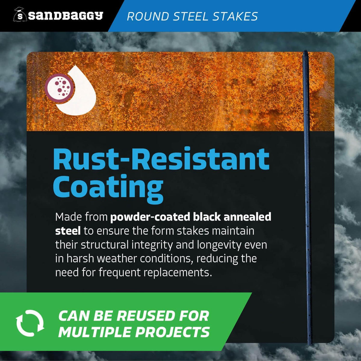 Sandbaggy Round Steel Concrete Form Stakes with Nail Holes - Rust Resistant Coating - Removable, Reusable (20, 3/4 in X 36 in)