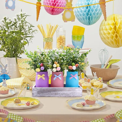 DIYDEC 3PCS Easter Mason Jars 3 * 5Inch Easter Painted Tiered Tray Decorative Jars with Wood Tray &Artificial Flowers Farmhouse Bottles for Holiday Spring Home Table Centerpiece Decor Gifts