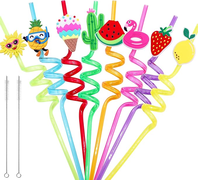 Summer Reusable Drinking Straws 24 Packs Pool Party Decorations Beach Fruit Party Favors Hawaiian Tropical Straws Goodie Bag Gifts for Birthday Party Supplies with 2 Cleaning Brushes
