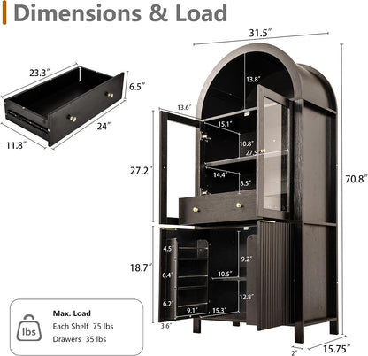 71" Fluted Arched Glass Door Cabinet, Tall Display Cabinet with Adjustable Shelves & Hidden Drawer, Soft Close China Hutch for Kitchen, Dining Room, Living Room (Black)