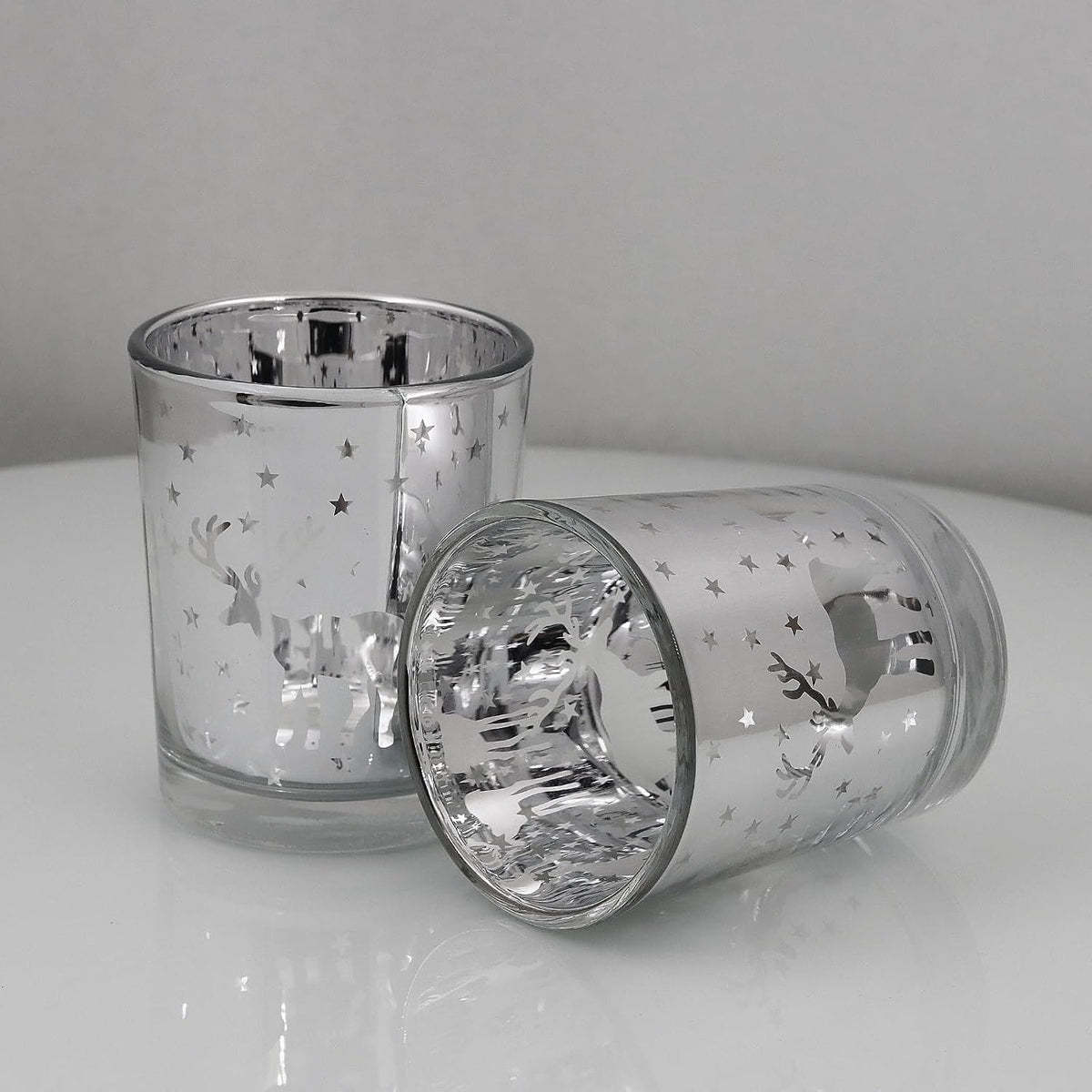 Silver Votive Tealight Candle Holders 12PCS Christmas Candle Holders with Carved Reindeer for Xmas Table Centerpiece Decoration